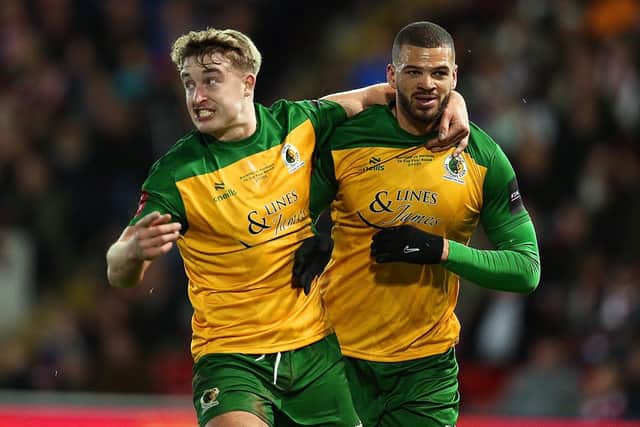 Charlie Hester-Cook (left) celebrates Shamir Fenelon's goal in Horsham's thrilling FA Cup first round draw at Barnsley. Picture by Natalie Mayhew, ButterflyFootie