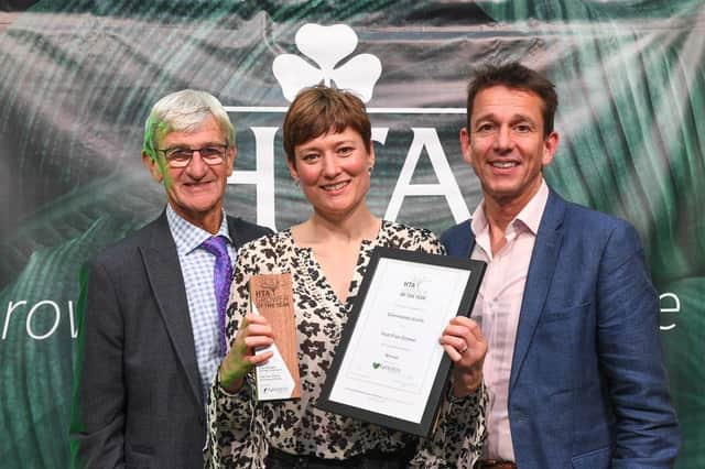 Melanie Asker accepting HTA Grower of the Year Award for Greenwood Plants with Alan Down and Sean Elkins. Photo: Greenwood Plants
