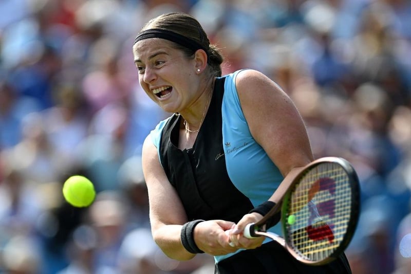 EASTBOURNE, ENGLAND - JUNE 28: Jelena Ostapenko of Latvia plays a backhand against Harriet Dart of Great Britain during the Women's Singles Second Round match on Day Five of the Rothesay International Eastbourne at Devonshire Park on June 28, 2023 in Eastbourne, England. (Photo by Mike Hewitt/Getty Images):Action from Wednesday's play at the Rothesay International at Devonshire Park, Eastbourne