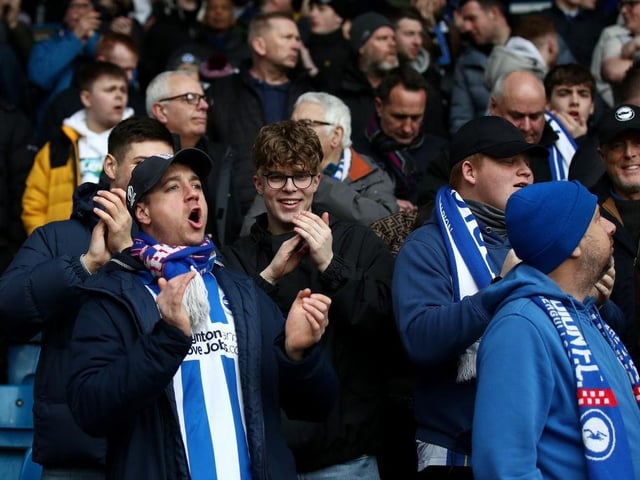 LEEDS, ENGLAND - MARCH 11: Brighton & Hove Albion fans show their support from the stands prior to the Premier League match between Leeds United and Brighton & Hove Albion at Elland Road on March 11, 2023 in Leeds, England. (Photo by George Wood/Getty Images)