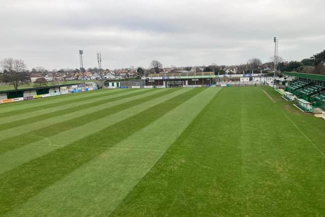 Rocks groundsman James Askew took this picture of the Nye Camp pitch on Tuesday - what it does not show is that the side of the surface on the right, in front of the main stand, took longer to thaw - as usual - than the rest of it