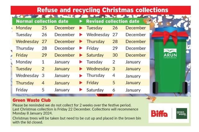 Recycling and waste collection dates will be altering slightly over the festive period in the Arun district. Photo: Arun District Council
