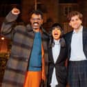 Comedian Romesh Ranganathan and actor Sebastian Croft, with host Claudia Winkleman,  after they have won the 2026 series of BBC1's The Celebrity Traitors as faithfuls.  Photo: Paul Chappells/ Studio Lambert/BBC/Press Association