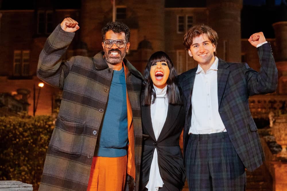 Comedian Romesh Ranganathan and actor Sebastian Croft, with host Claudia Winkleman,  after they have won the 2026 series of BBC1's The Celebrity Traitors as faithfuls.  Photo: Paul Chappells/ Studio Lambert/BBC/Press Association
