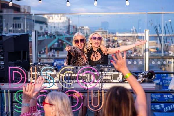 Denise and Jemma on DJ decks at Brighton i360.