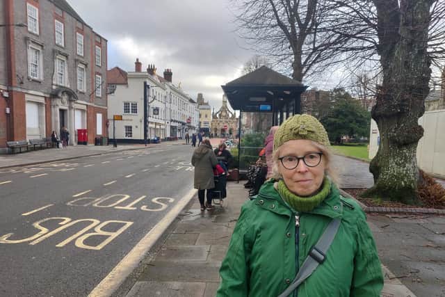 Cllr Sarah Sharp at a bus stop in West Street, Chichester