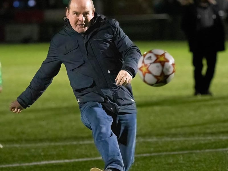 Action in the charity football match held at Worthing Football Club for Cancer Research UK