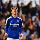 Brighton loan ace Jeremy Sarmiento of Ipswich Town celebrates victory against Southampton FC at Portman Road