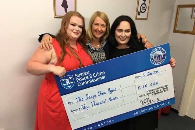 Hayley Stoner, Katy Bourne and Jade-Shannon Patrick at The Daisy Chain Project's office in Chapel Road, Worthing in June 2019