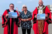 Margaret with Bexhill Mayor Councillor Memish Huseyin (right) and Deputy Mayor Councillor Paul Peters