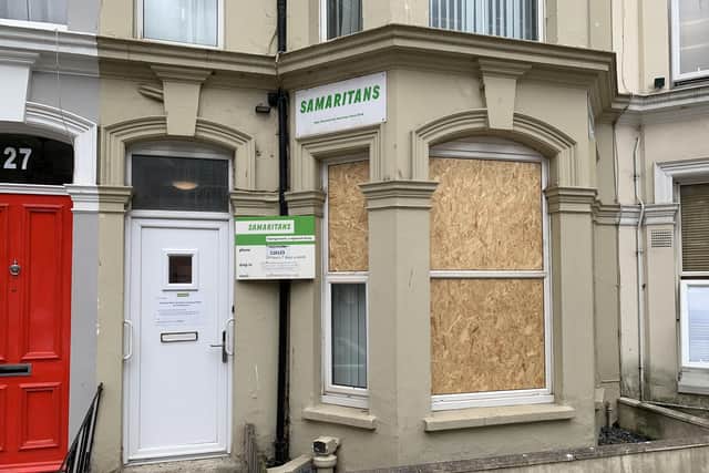 The Hastings and Rother Samaritans building in St Andrew's Square after the windows were smashed by vandals