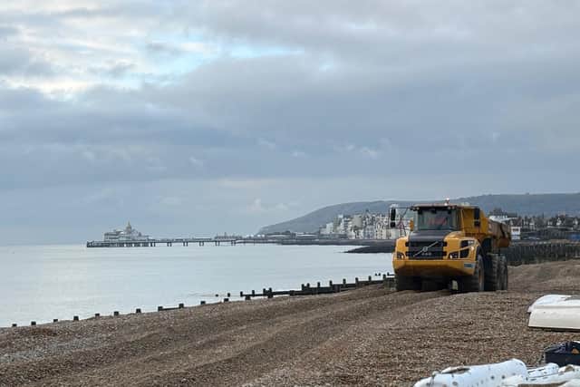 Starting on Monday, March 11, contractors for Eastbourne Borough Council have started on repair work at the beach at Fisherman’s Green. Picture: Eastbourne Borough Council