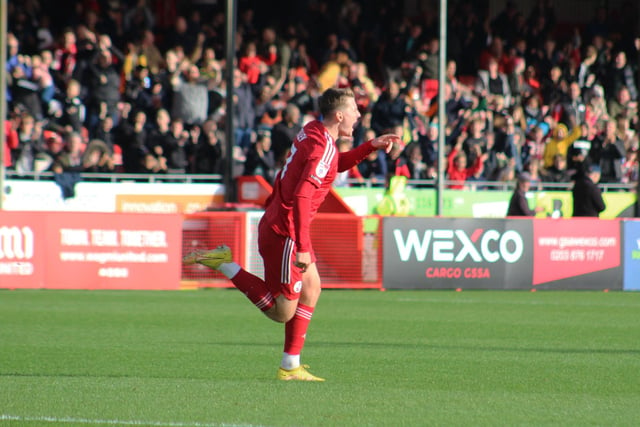 James Tilley celebrates. Action from Crawley Town's 2-1 win over Newport County. Picture by Cory Pickford