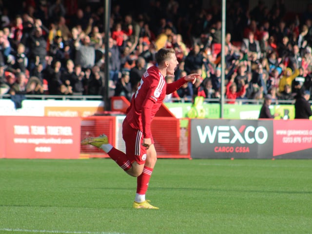 James Tilley celebrates. Action from Crawley Town's 2-1 win over Newport County. Picture by Cory Pickford