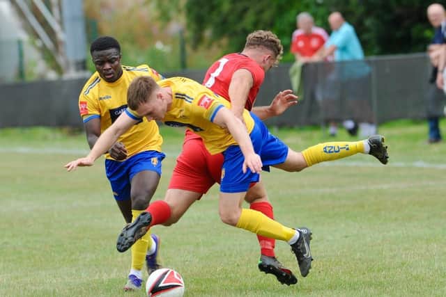 The yellow and blue of Lancing was back on Saturday - in a 3-0 friendly win at Wick | Picture: Stephen Goodger