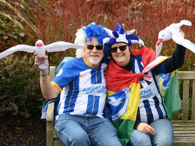 BRIGHTON, ENGLAND - MARCH 19: Brighton & Hove Albion fans show their support with inflatable seagulls prior to the Emirates FA Cup Quarter Final match between Brighton & Hove Albion and Grimsby Town at Amex Stadium on March 19, 2023 in Brighton, England. (Photo by Mike Hewitt/Getty Images)