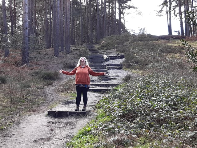 Elaine Hammond enjoying the birdsong at Sullington Warren