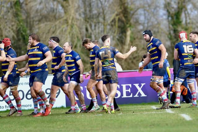Worthing Raiders celebrate one of their tries in the home clash with Guernsey | Picture: Stephen Goodger