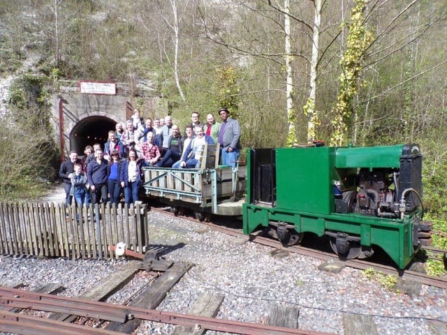 The crew of James Bond Radio on board Zorin's minecarts from A View to a Kill in 2017