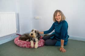 Dr Susan Michaelis with 'Fripp' at the end of her 20 mile walk for lobular breats cancer research