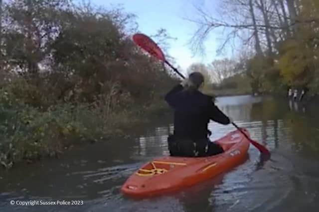 Police officers used kayaks to carry out checks on Doyle's car. Image: Sussex Police.