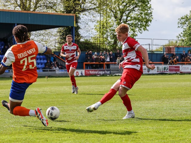 Action from Eastbourne Borough's final-day 3-2 win at Braintree - the Sports have stayed up with six points to spare