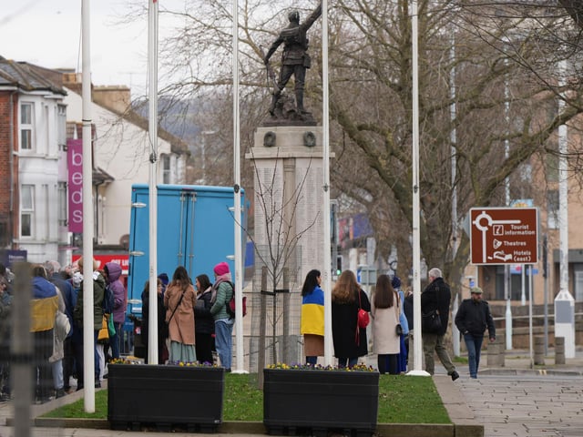 Dozens gathered outside Worthing Town Hall at 11am for a minute’s silence and prayer to mark one year since the Russian invasion of Ukraine began