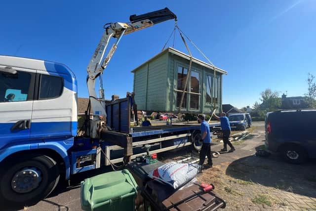 The large summerhouse was constructed on the front garden and driveway of a property in Reedswood Road, Broad Oak, near Rye, East Sussex in September 2019.
