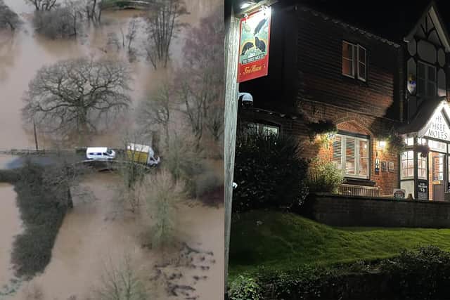 Recent Flooding has caused trouble from The Three Moles pub in Petworth.