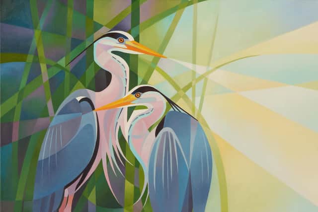 A Glean of Herons by Alison Ingram, oil on canvas, 50cm x 50cm.