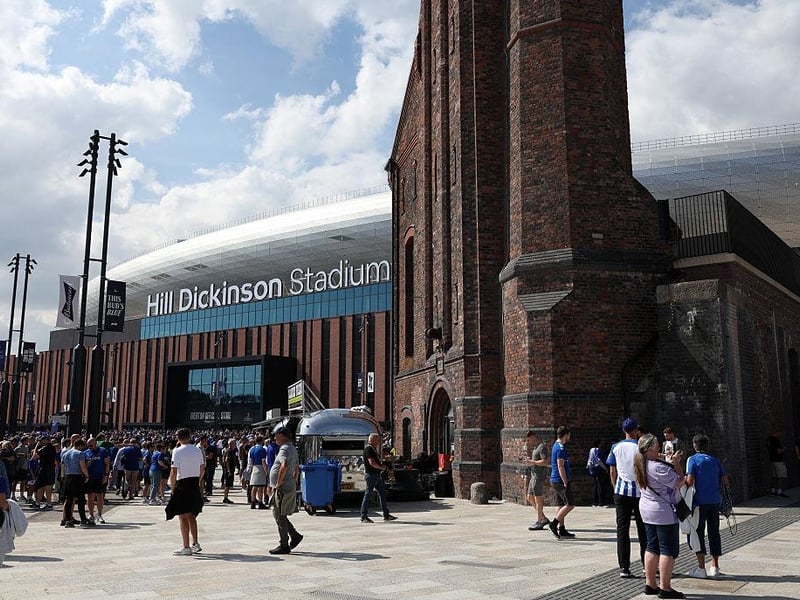 Fans arrive at the Hill Dickinson Stadium, the new home ground of Everton football club, ahead of the English Premier League football match between Everton and Brighton and Hove Albion
