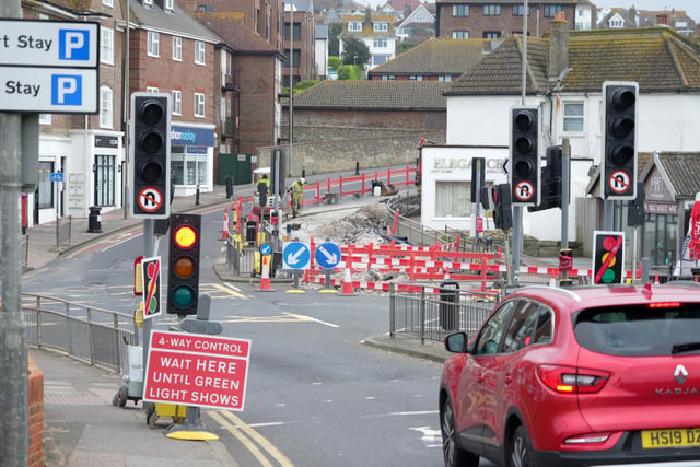 Temporary traffic lights are in operation.