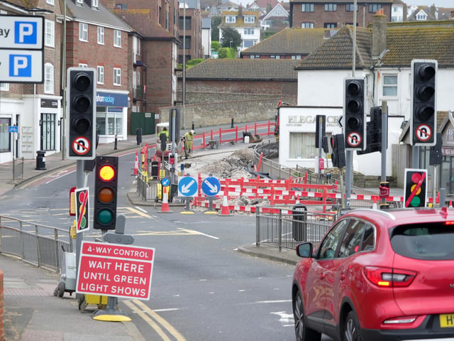 Temporary traffic lights are in operation.