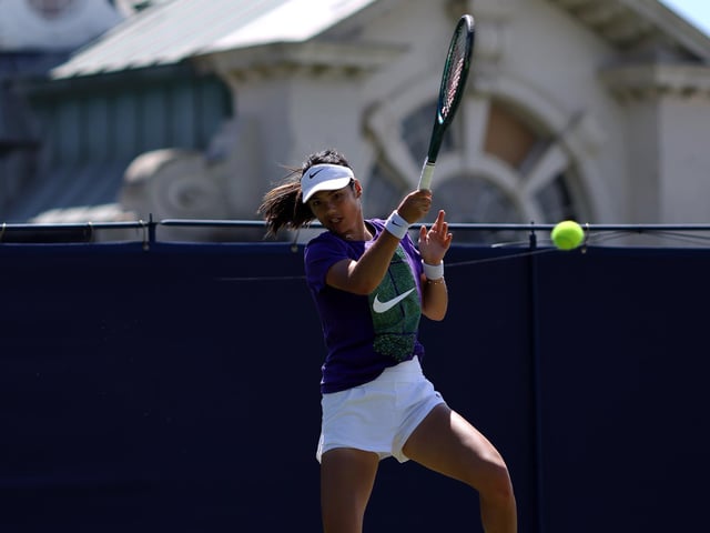 Emma Raducanu in action during a practice session on day two of the Rothesay International Eastbourne at Devonshire Park on June 23, 2024 in Eastbourne, England. (Photo by Charlie Crowhurst/Getty Images for LTA)