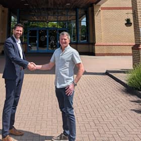 Sandman Signature London Gatwick hotel general manager Gints Skieris (left) and Showerkap founder and CEO Steve Harding. Picture contributed