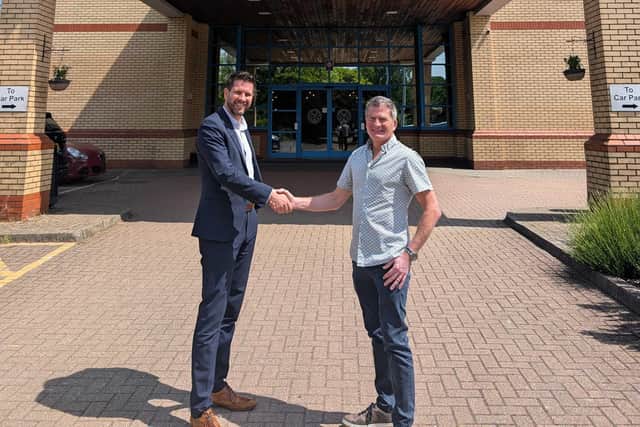 Sandman Signature London Gatwick hotel general manager Gints Skieris (left) and Showerkap founder and CEO Steve Harding. Picture contributed