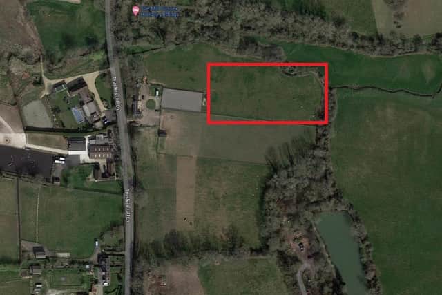 A Google Map image showing the approximate dog exercise area at Daisy Fields, Truslers Hill Lane, Albourne