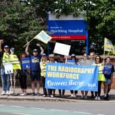 Up to 25 people were on the picket line outside Worthing Hospital – with equates to 80 per cent of the department. Photo: Eddie Mitchell