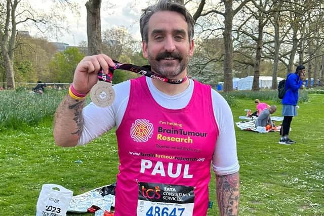 Paul Weller, 37, from Burgess Hill, successfully completed the TCS London Marathon in memory of stepmother Jenny Weller. Photo: Brain Tumour Research