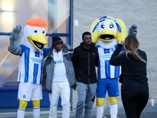 BRIGHTON, ENGLAND - OCTOBER 18: Fans pose with Gully and Sally, mascots of Brighton & Hove Albion outside the stadium prior to the Premier League match between Brighton & Hove Albion and Nottingham Forest at American Express Community Stadium on October 18, 2022 in Brighton, England. (Photo by Mike Hewitt/Getty Images)