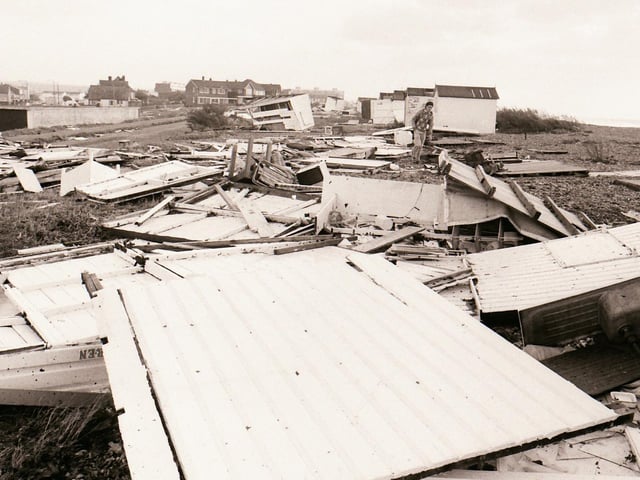 These beach huts on Shoreham Beach were destroyed by the winds