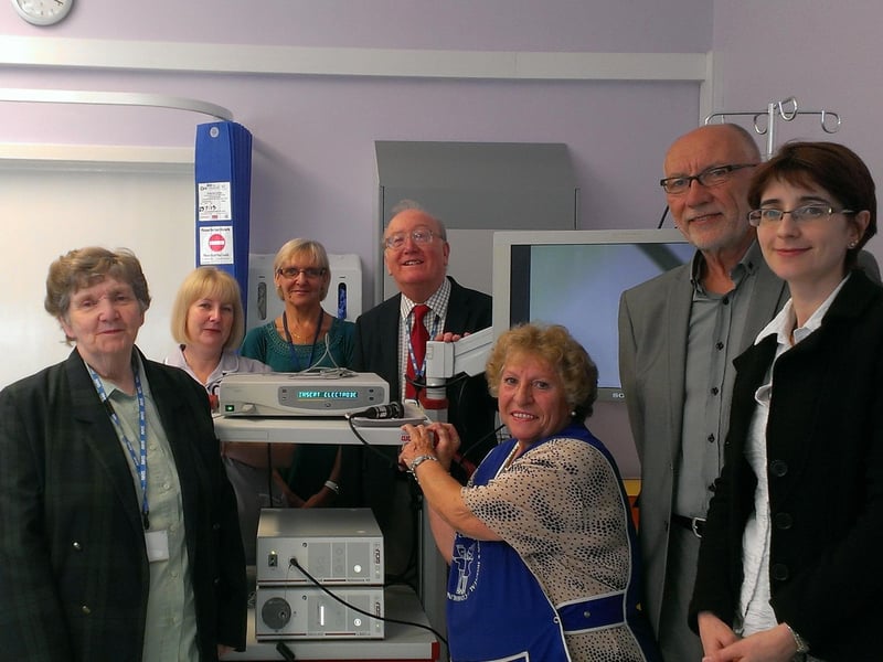 Crawley Hospital League of Friends donate £12,500 for new scanner (L-R) consultants Cinzia Voltolina and George Richter, League of Friends treasurer Celia Putland, Susan Swetman, Pam Pritchard, League of Friends vice chairman David Hawkins and fundraiser Maria Hains