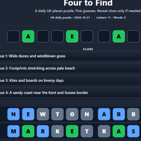 A complaint about American English in Wordle has inspired Crawley graduate Ben Shackell to make Four to Find - a different kind of daily puzzle, based on the places, landscapes and history of the UK. Pictures courtesy of Ben Shackell