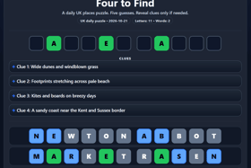 A complaint about American English in Wordle has inspired Crawley graduate Ben Shackell to make Four to Find - a different kind of daily puzzle, based on the places, landscapes and history of the UK. Pictures courtesy of Ben Shackell