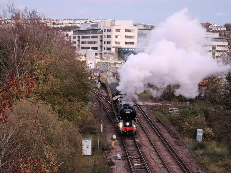 The Christmas Sussex Belle, Merchant Navy Class 35028 Clan Line, leaves Hastings Railway Station on November 19 2025. Pic by Kevin Boorman.