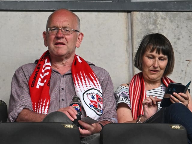 Crawley Town fans during the EFL Sky Bet League 2 play-off second leg match between Milton Keynes Dons and Crawley Town at stadium:mk, Milton Keynes, England on 11 May 2024.:Crawley Town hammered MK Dons 5-1 - and 8-1 on aggregate - to reach the League Two play-off final Wembley. Photographer Dennis Goodwin/Pro Sport Images was there to catch the action, the crowd and the celebrations