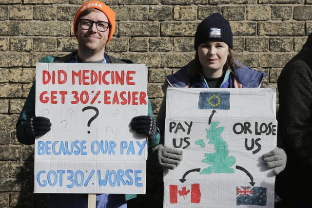 Junior doctors on a picket line outside the Royal Sussex County Hospital in Brighton, East Sussex.