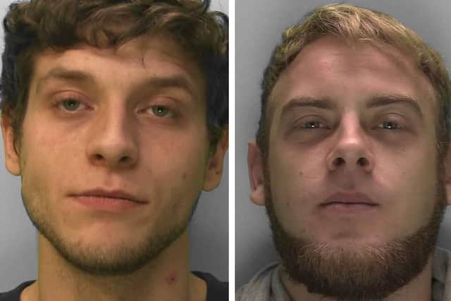 Mark Brazil (left) 23, of Lloyd Road, Chichester and Benjamin Taylor-Baker, 26, of Francis Close, Haywards Heath, have been jailed for 13 years after robbing a boy of his gold ring – then forcing his friend to assault him in front of them. Picture courtesy of Sussex Police