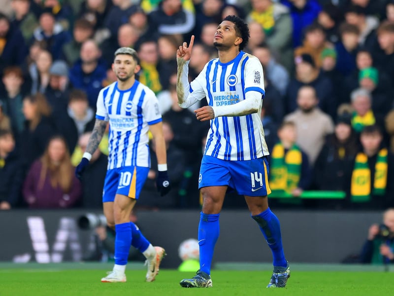 Georginio Rutter of Brighton & Hove Albion celebrates scoring the opening goal in the FA Cup at Norwich