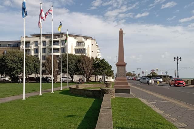 The memorial stands at the southern end of Steyen Gardens opposite Worthing seafront
